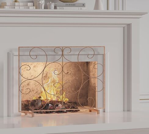 Kingson Single Panel Fireplace Screen Cover Handcrafted Solid Wrought Iron Mesh, Heat-Resistant Fire Spark Guard for Inside Fireplace-Antique Bronze in Saudi Arabia
