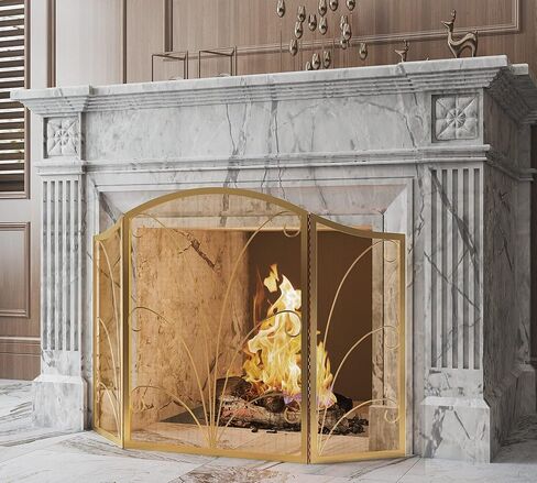 Kingson 3-Panel Arched Fireplace Screen Decorative, Handcrafted Scroll Wrought Iron Fire Spark Guard Cover for Wood Burning Fireplace-Gold in Saudi Arabia