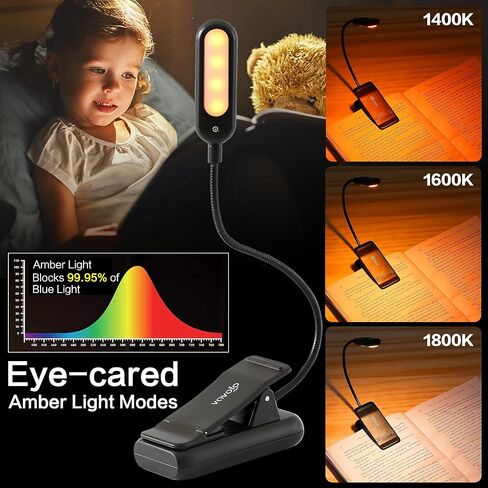 VAVOFO Amber Rechargeable Reading Light, Blue Light Blocking Book Light, 7 LEDs Eye Care 9 Colors 9 Brightness Clip On for Kids Bookworms Reading in Bed with Power Indicator Lasting 70h (Black) in Kuwait