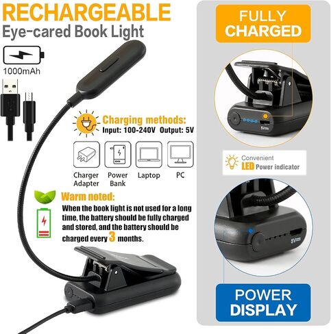 VAVOFO Amber Rechargeable Reading Light, Blue Light Blocking Book Light, 7 LEDs Eye Care 9 Colors 9 Brightness Clip On for Kids Bookworms Reading in Bed with Power Indicator Lasting 70h (Black) in Kuwait