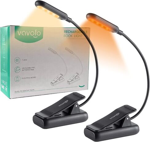 VAVOFO Amber Rechargeable Reading Light, Blue Light Blocking Book Light, 7 LEDs Eye Care 9 Colors 9 Brightness Clip On for Kids Bookworms Reading in Bed with Power Indicator Lasting 70h (Black) in Kuwait