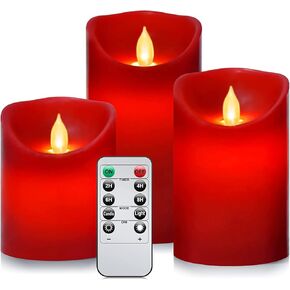 Flameless Battery Operated LED Candles, Remote Control Electric Realistic Candles Flickering Real Wax 4/5/6 Inch 3PACK with 2/4/6/8 Hour Timer for Home Decor Holidays Party (Red)