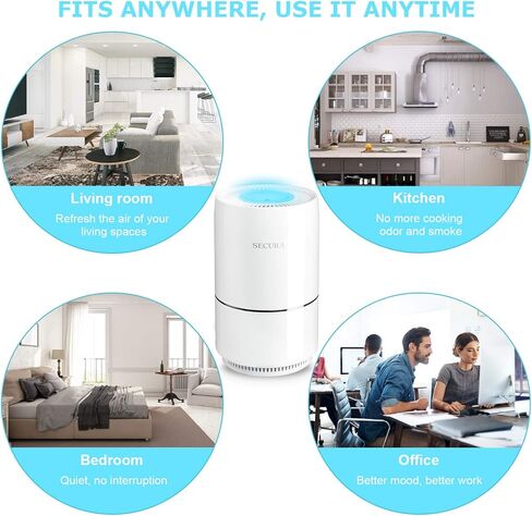 منقي سيكيورا للمنزل، فلتر هيبا الحقيقي لوبر الحيوانات الأليفة، والغبار، ومنظفات الهواء المزيل لرائحة الدخان، للغرفة الصغيرة مع إضاءة ليلية LED، أبيض in Kuwait