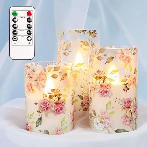 شموع عديمة اللهب LED وامضة من GORGE MOMENT، شموع ذات تأثير زجاجي تعمل بالبطارية مع مؤقت عن بعد، شموع عمود شمع واقعية لملصقات الورد الوردي لديكور المنزل في غرفة النوم، زخرفة الطاولة in Kuwait