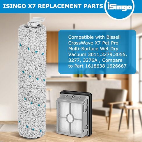 قطع غيار للمكنسة الكهربائية Bissell CrossWave X7 Pet Pro متعددة الأسطح الرطبة والجافة 3011,3279,3055، 3277، 3276A، مقارنة بالجزء 1618638 1626667، 2 فرشاة أسطوانية، 4 فلتر HEPA، 1 فرشاة نظيفة in Kuwait