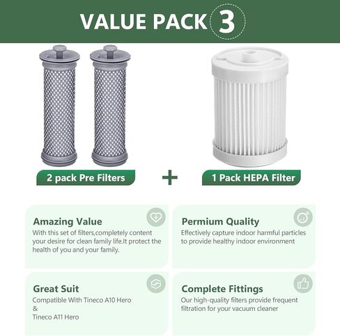 طقم فلتر بديل للمكنسة الكهربائية A10/A11 بنسبة 100% متوافق مع A10 هيرو/ماستر، A11 هيرو/ماستر، A10 داش، PWRHERO11 سناب مكنسة كهربائية لاسلكية، عبوتان من فلاتر مسبقة وفلتر هيبا in Kuwait