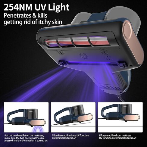 مكنسة كهربائية للسرير، مكنسة كهربائية للمراتب مع إضاءة أرجوانية وإزالة الرطوبة، شفط 12 كيلو باسكال 350 وات مكنسة غبار قوية للمراتب والأرائك والألعاب القطيفة والأسطح القماشية الأخرى (الأزرق الداكن) in Kuwait