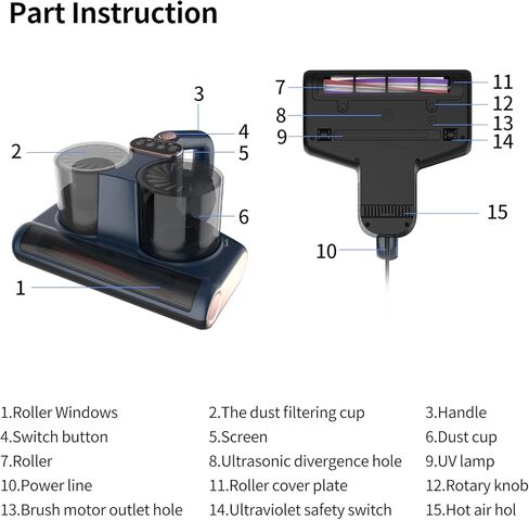 مكنسة كهربائية للسرير، مكنسة كهربائية للمراتب مع إضاءة أرجوانية وإزالة الرطوبة، شفط 12 كيلو باسكال 350 وات مكنسة غبار قوية للمراتب والأرائك والألعاب القطيفة والأسطح القماشية الأخرى (الأزرق الداكن) in Kuwait