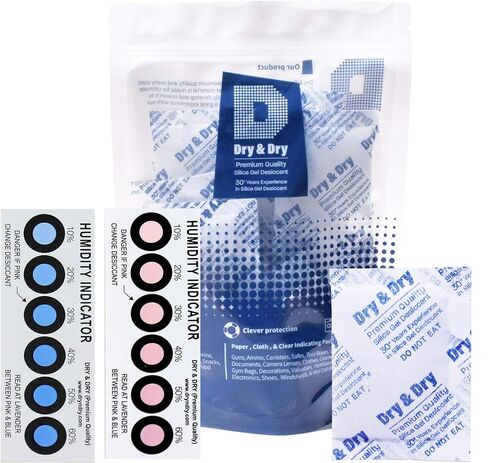 جاف وجاف 10 جرام [50 عبوة] عبوات جل سيليكا ممتازة نقية وآمنة، عبوات سيليكا من القماش المجفف القابلة لإعادة الشحن لحزم جل السيليكا الرطبة - 5 بطاقات مؤشر الرطوبة (قابلة لإعادة الاستخدام) in Kuwait