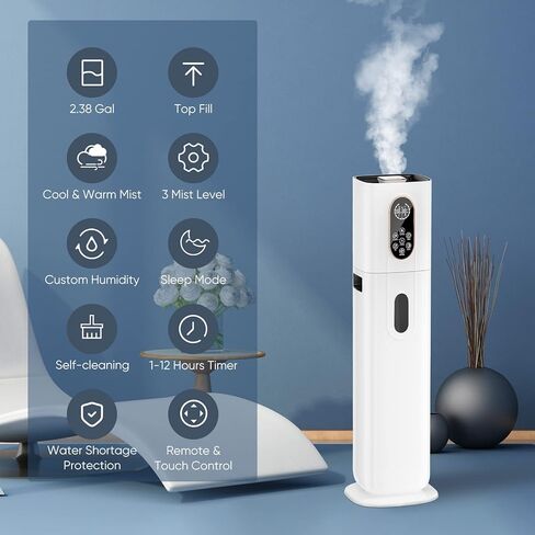 BOEASTER Warm and Cool Mist Humidifier Large Room Bedroom, 2.38 Gallon/9L Humidifiers, Top Fill, Customized Humidity, Remote Control, 1-12 Timer, Auto Shut-Off in Kuwait