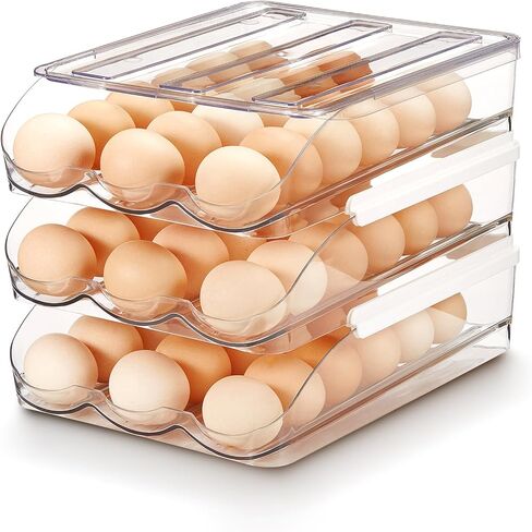Egg Holder for Refrigerator,Egg Storage Container for Refridge with Lid, Large Capacity Reusable Stackable Rolling Clear Plastic Egg Organizer Egg Tray for Kitchen, Countertop and Racks(3 layers) in Saudi Arabia