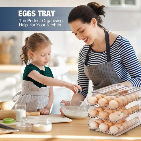 Egg Holder for Refrigerator,Egg Storage Container for Refridge with Lid, Large Capacity Reusable Stackable Rolling Clear Plastic Egg Organizer Egg Tray for Kitchen, Countertop and Racks(3 layers) in Saudi Arabia