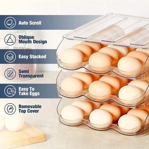 Egg Holder for Refrigerator,Egg Storage Container for Refridge with Lid, Large Capacity Reusable Stackable Rolling Clear Plastic Egg Organizer Egg Tray for Kitchen, Countertop and Racks(3 layers) in Saudi Arabia
