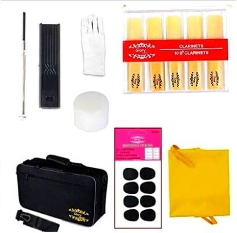 Glory GLY-PBK Professional Ebonite Bb Clarinet with 10 Reeds, Stand, Hard Case, Cleaning Cloth, Cork Grease, Mouthpiece Brush and Pad Brush, Black in Saudi Arabia