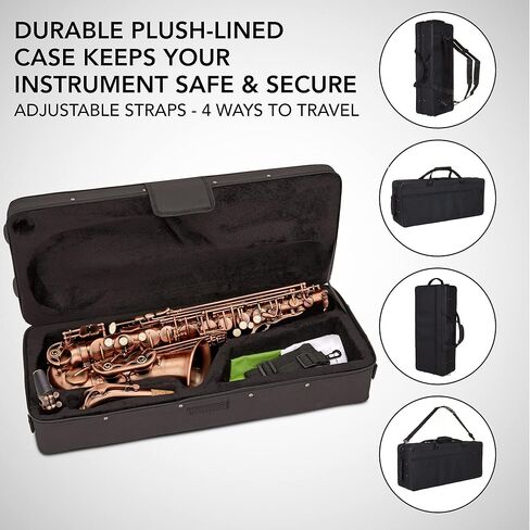 طقم ساكسفون نحاسي مسطح من LyxJam Alto Saxophone E، صوت احترافي، ملحقات كاملة، مثالية لجميع اللاعبين، يتضمن حافظة صلبة، 10 قصب إضافية، حزام، قفازات، طقم تنظيف والمزيد، لمسة نهائية من طلاء الذهب in Saudi Arabia
