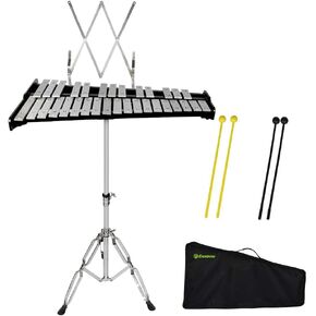 32 Note Black Glockenspiel with Music Sheet Clip Xylophone Instrument Set Equipped with Adjustiable Height Frame（32 Note, Black）