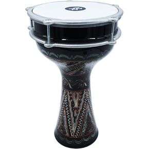 ZAZA Percussion 16'' Length Aluminum Darbuka, 8" Tunable Synthetic Head and Internal Jingles Doumbek (Black-Engrave)