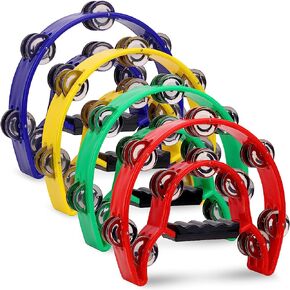 CEE 4 Pack 10 Double Row Tambourine, Half Moon Musical Tambourine 20 Metal Jingles Hand Held Percussion Drum, Panderos Para Adultos, Plastic Tambourines for Adults, Church, KTV, Party, Multicolored in Kuwait
