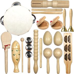 Musical Instruments Set, 15PCS Natural Wooden Percussion Tambourine Maracas Bells Instruments, Educational Music Kit with Storage Bag Birthday in Kuwait