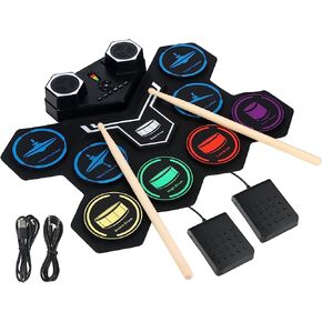 Electronic Drum Set，Marrilley 9 Drum Pad With Headphone Jack,Bigger Roll-up Drum Pad, Built-in Dual Stereo Speakers, Drum Sticks, Foot Pedals 10 Hours Playtime,Ideal Christmas Holiday Gift for Kids