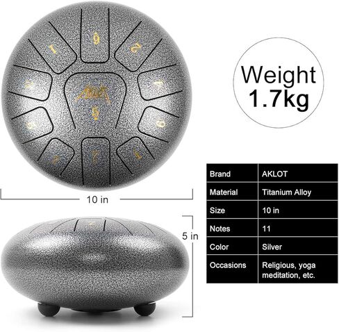AKLOT طبلة اللسان الفولاذية 10 بوصات 11 ملاحظة - أدوات الإيقاع - طبل خزان HandPan مفتاح C مع ملصقات مطرقة الطبل وملصقات أصابع وحقيبة أزعج in Kuwait