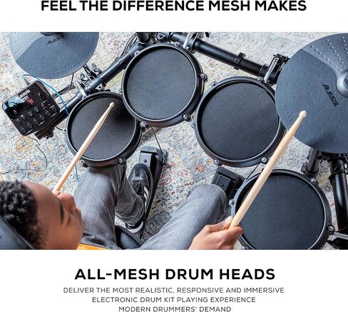 Alesis Turbo Mesh Kit – Electric Drum Set With 100+ Sounds, Quiet Mesh Drum Pads, Drum Sticks, Connection Cables, Drum Lessons in Saudi Arabia