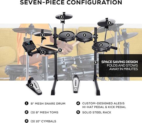 Alesis Turbo Mesh Kit – Electric Drum Set With 100+ Sounds, Quiet Mesh Drum Pads, Drum Sticks, Connection Cables, Drum Lessons in Saudi Arabia