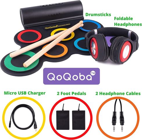 QoQoba Electronic Drum Set for Kids | Adult Beginner Pro MIDI Drum Practice Pad Kit w/Headphone Jack | Drum Sticks | Great Holiday Birthday Gift for Kids Drum Set (RAINBOW) in Saudi Arabia
