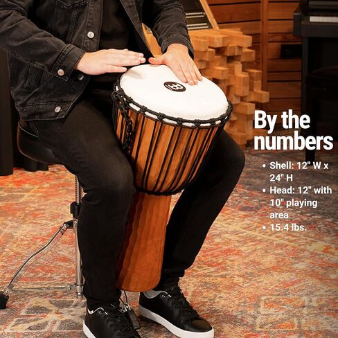 Meinl Percussion Djembe Hand Drum Circle Instrument، سلسلة عناوين الماهوجني المنحوتة - غير مصنوعة في الصين - حبال نسج مالي الأفريقية، ضمان لمدة عامين، نيل، متوسط ​​(HDJ4-M) in Kuwait
