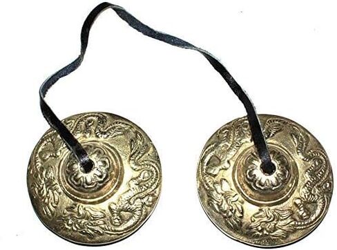 BEAUTIFUL TIBETAN BUDDHIST HEART CHAKRA TINGSHA MANJEERA CYMBALS EMBOSSED WITH 2 TIBETAN DRAGONS in Saudi Arabia