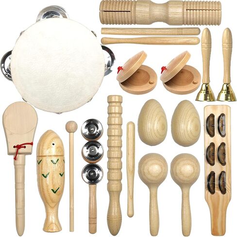 Musical Instruments Set, 15PCS Natural Wooden Percussion Tambourine Maracas Bells Instruments, Educational Music Kit with Storage Bag Birthday in Kuwait
