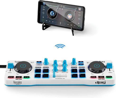 Hercules DJControl Mix Blue - Amazon Exclusive - وحدة تحكم DJ لاسلكية تعمل بالبلوتوث للهواتف الذكية (iOS وAndroid) - تطبيق dJay - طابقان in Saudi Arabia