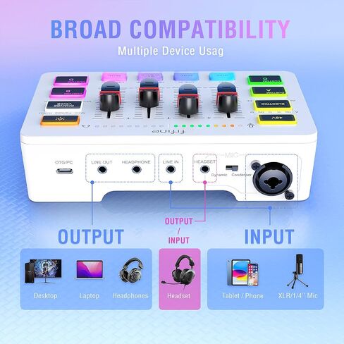 FIFINE Gaming Audio Mixer, Streaming RGB PC Mixer with XLR Microphone Interface, Individual Control, Volume Fader, Mute Button, 48V Phantom Power, for Podcast/Recording/Vocal/Game Voice-AmpliGame SC3 in Saudi Arabia
