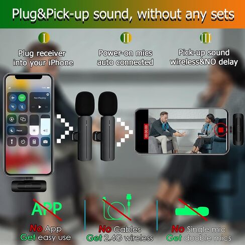 2 Pack Wireless Mini Lavalier Lapel Microphone for iPhone,iPad - Cordless Double Mics Plug and Pick-up 2.4G Ultra-Low Delay Built-in Noise Reduction Chip 5H Working Time for Two-Person Creator in Saudi Arabia