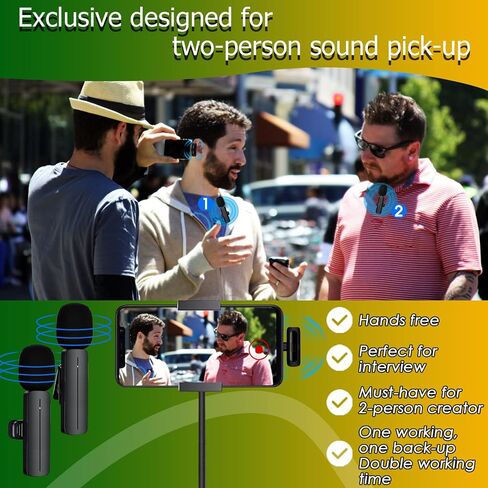2 Pack Wireless Mini Lavalier Lapel Microphone for iPhone,iPad - Cordless Double Mics Plug and Pick-up 2.4G Ultra-Low Delay Built-in Noise Reduction Chip 5H Working Time for Two-Person Creator in Saudi Arabia