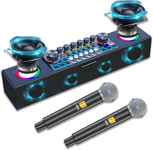 جهاز كاريوكي للبالغين والأطفال، جهاز مزج بطاقة الصوت المحمولة بتقنية البلوتوث، نظام مكبر صوت PA مع 2 ميكروفونات لاسلكية، آلة غناء مع صدى، يدعم البث المباشر للحفلات المنزلية باللون الأسود in Kuwait