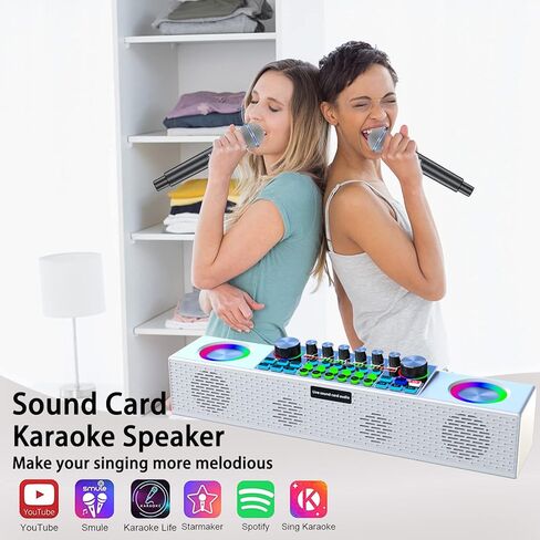 جهاز كاريوكي للبالغين والأطفال، جهاز مزج بطاقة الصوت المحمولة بتقنية البلوتوث، نظام مكبر صوت PA مع 2 ميكروفونات لاسلكية، آلة غناء مع صدى، يدعم البث المباشر للحفلات المنزلية باللون الأسود in Kuwait