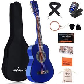 ADM Beginner Acoustic Classical Guitar 38 Inch Nylon Strings Wooden Guitar Bundle Kit for Kid Boy Girl Student Youth Guitarra Online Lessons with Gig Bag, Strap, Tuner, Strings, Cyan Green