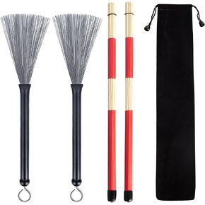 1 Pair Retractable Drum Wire Brushes with Comfortable Aluminum Handles and 1 Pair Rods Drum Sricks Brush for Jazz Cajon Folk Rock Band Drummers Amateurs Beginners (Black)