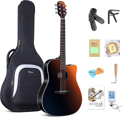 Rosen N10 Acoustic Guitar for Beginner Adults Full Size Dreadnought Solid Spruce Top Acustica Guitarra Bundle Kit with Gig Bag Tuner Strap Strings Capo Picks Cleaning Cloth, Black in Kuwait