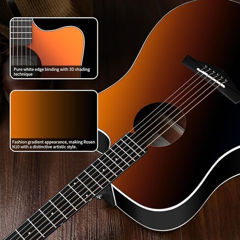 Rosen N10 Acoustic Guitar for Beginner Adults Full Size Dreadnought Solid Spruce Top Acustica Guitarra Bundle Kit with Gig Bag Tuner Strap Strings Capo Picks Cleaning Cloth, Black in Kuwait