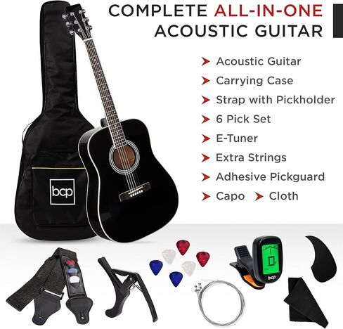Best Choice Products 41in Full Size Beginner All Wood Acoustic Guitar Starter Set w/Case, Strap, Capo, Strings, Picks, Tuner - Sunburst in Kuwait