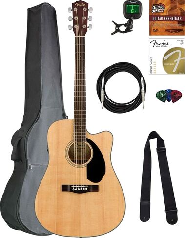 غيتار كهربائي صوتي من Fender CD-60SCE ذو رأس صلب - مجموعة كاملة من الماهوجني مع حافظة صلبة، وكابل للآلات، وموالف، وحزام، وأوتار، ولقطات، وأقراص DVD التعليمية لأوستن بازار in Kuwait