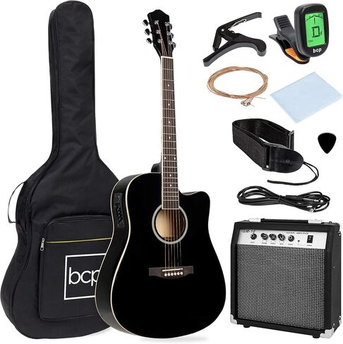 Best Choice Products Beginner Acoustic Electric Guitar Starter Set w/ 41in, All Wood Cutaway Design, Case, Strap, Picks, Tuner - Blue in Kuwait