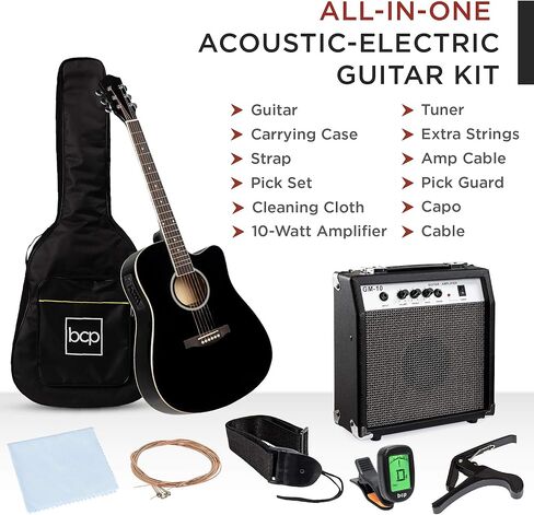 Best Choice Products Beginner Acoustic Electric Guitar Starter Set w/ 41in, All Wood Cutaway Design, Case, Strap, Picks, Tuner - Blue in Kuwait