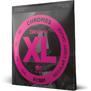 D'Addario XL Chromes Flat Wound Bass Guitar Strings - ECB81M - Medium Scale - Regular Light, 45-100