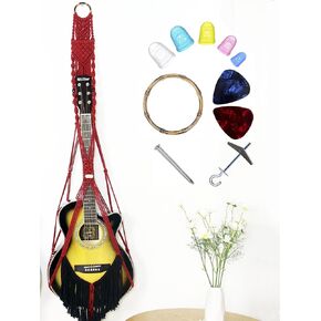 KARCEEY Macrame Guitar Hanger,Macrame Guitar Holder Wall Mount Boho Guitar Holder for Acoustic and Electric Guitars (Burgundy)