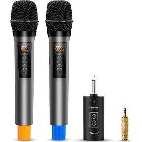 Wireless Microphone,Plug&Play Microphone for Singing,Karaoke,Dual Cordless Dynamic Handheld Wireless Mic with Rechargeable Receiver for 1/4'',1/8'',Clear Sound for Adult,Wedding,Party,Church,UHF 98FT