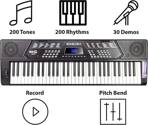 بيانو بلوحة مفاتيح RockJam مكون من 61 مفتاحًا مع مجموعة Pitch Bend وحامل لوحة المفاتيح ومقعد البيانو وسماعات الرأس وتطبيق البيانو البسيط وملصقات الكلمات الرئيسية in Kuwait