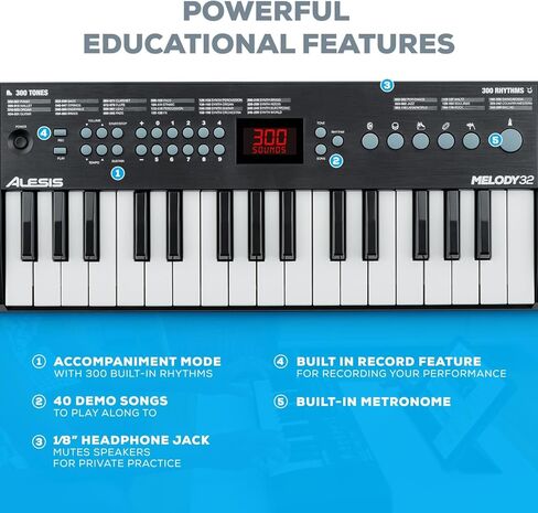 Alesis Melody 61 مفتاح بيانو للوحة المفاتيح للمبتدئين مع مكبرات الصوت، حامل، مقعد، سماعات الرأس، ميكروفون، حامل ورقة الموسيقى، 300 صوت ودرس موسيقى in Kuwait